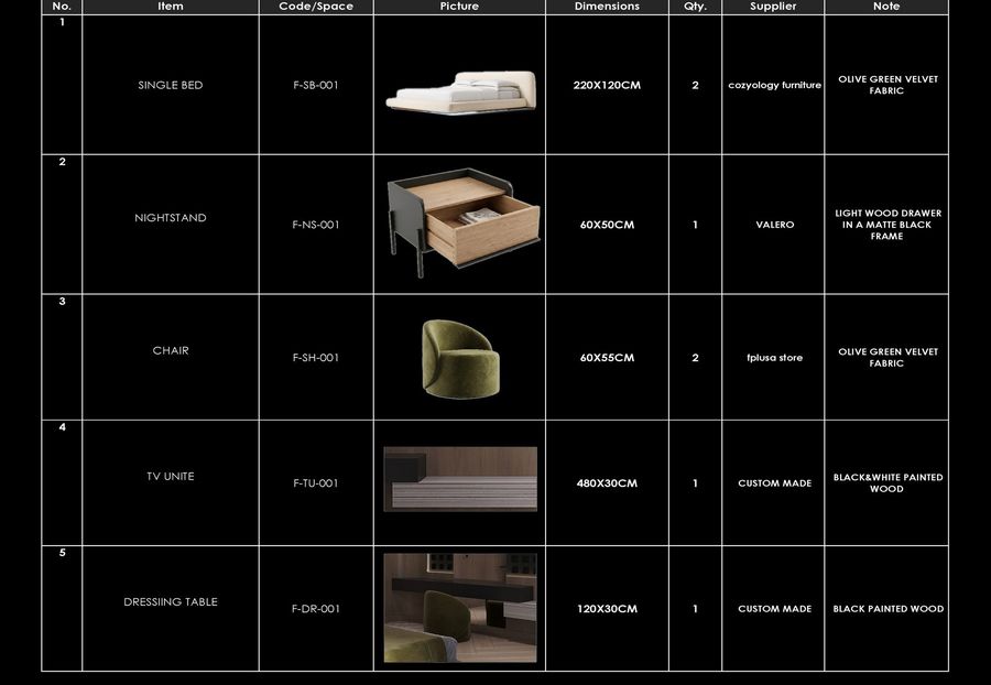 Schedule — furniture — Xforms Studio construction drawings